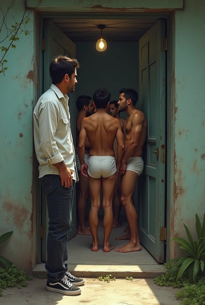 Shirt reporter, pants and sneakers leaning against the door outside an old house looking at mixed-race Brazilian men taking a shower in their underwear inside.