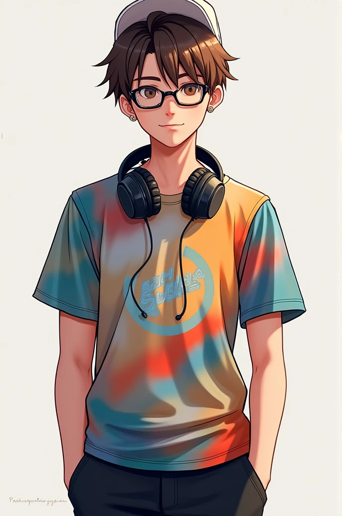 Brown-haired male character has headphones, glasses, and a cap. He has a multi-colored t-shirt and black pants..