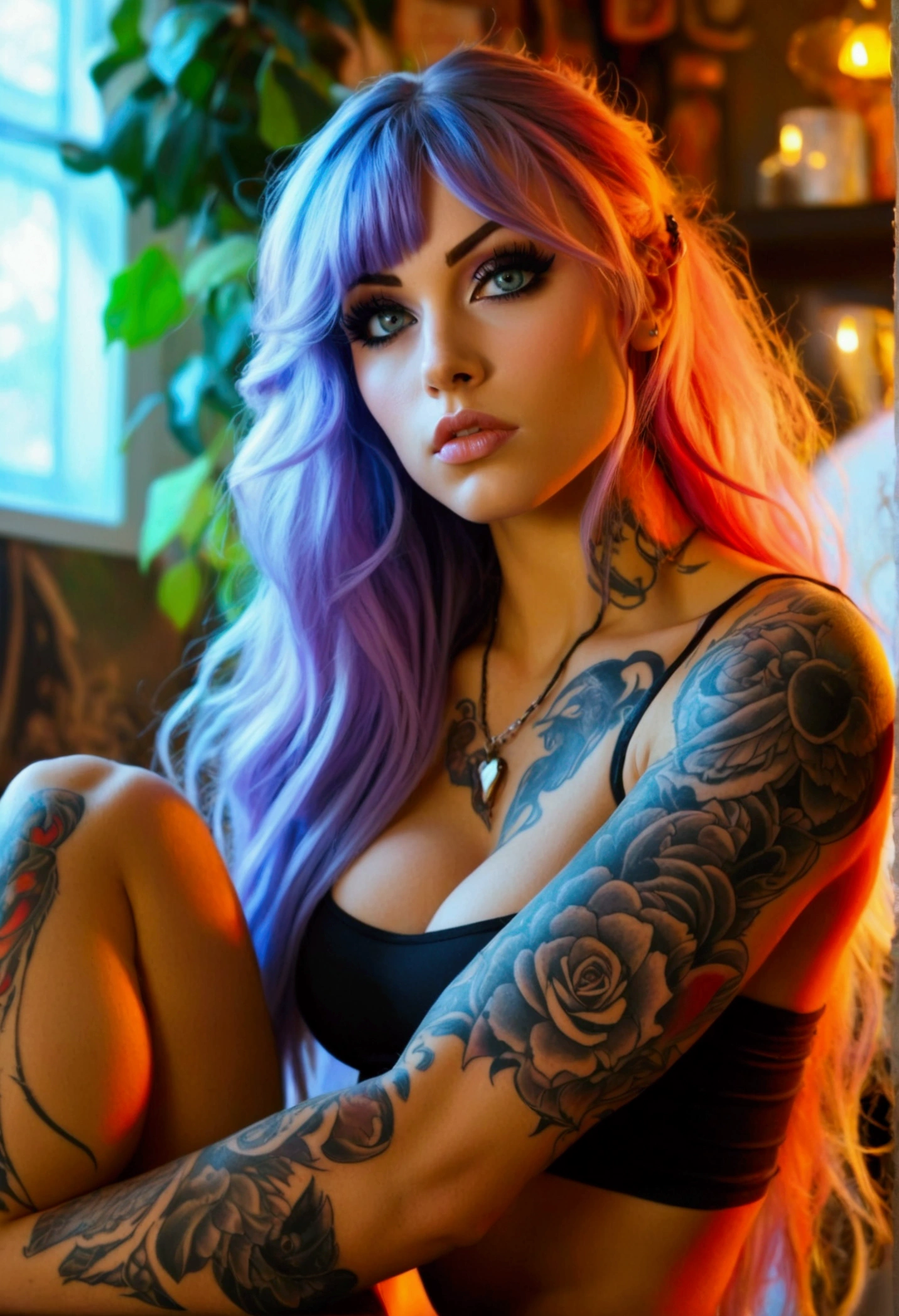 Create a hyper detailed photograph of a tattooed muscular young drop dead gorgeous nerd goth, Stunningly perfect gorgeous feminine face, perfect makeup, detailed vibrant eyes, long flowing hair, big beautiful muscular legs, big beautiful muscular arms, perfect hour glass body figure, detailed smooth skin, large breast, perfect heart shaped ass, complete full body view,
