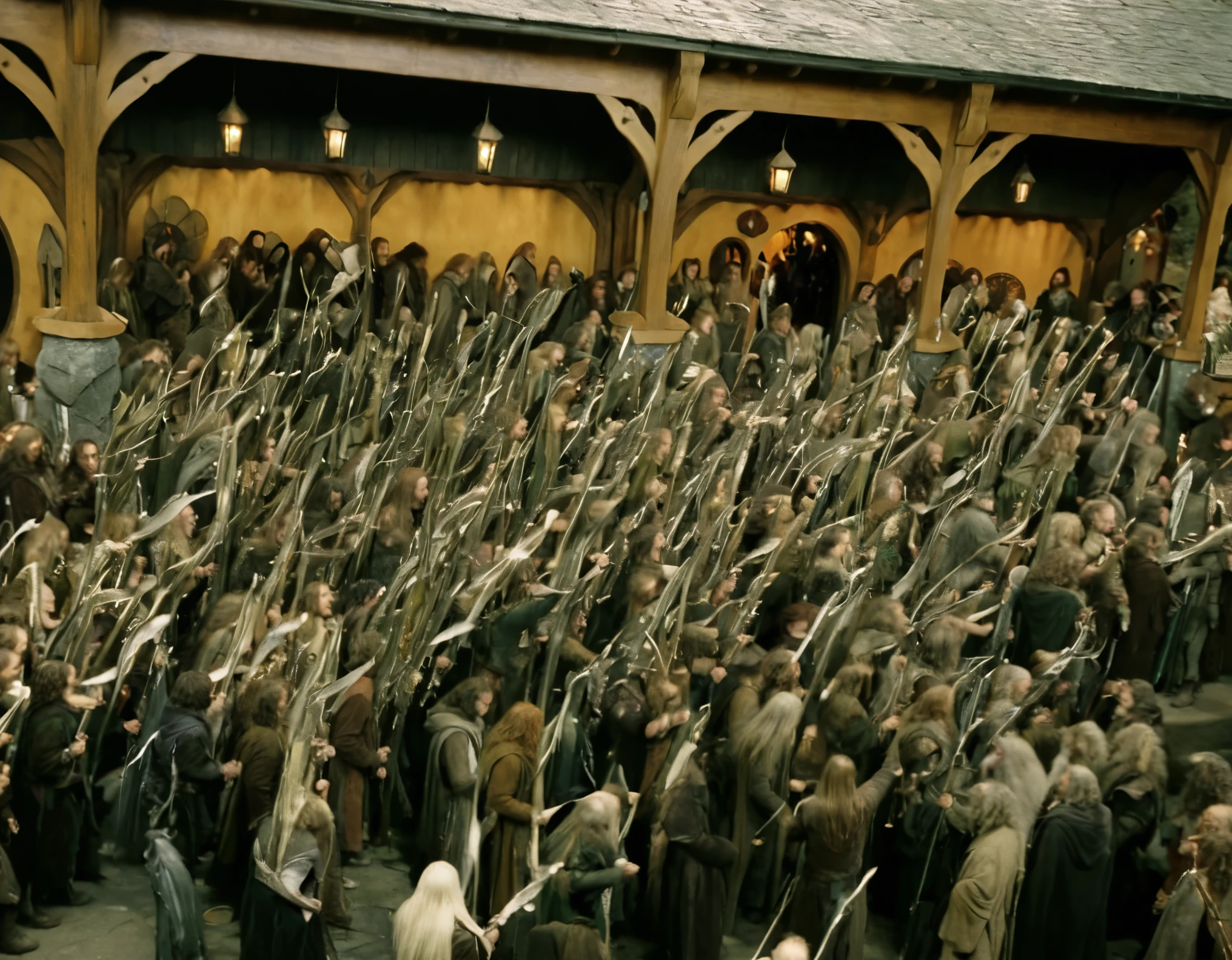 Lord of the rings, a crowd of various middle-earth species crowd around a stage outside of a tavern