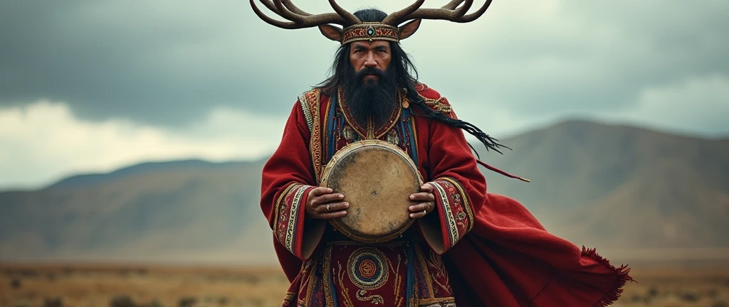 Queen mongolian. shaman deer antlers mongolian deel clothing . shaman drum. 