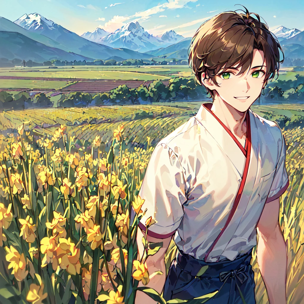 masterpiece, best quality, high quality, extremely detailed, (1 male handsome age 19, solo alone: 1.5), (short short hair: 1.5), (brown hair color), (yellowish green eyes: 1.3), 8 heads tall, slender nose, facial muscles, throat (Kimono with short sleeves and pants: 1.3), (standing), (dynamic pose), (smile: 1.3), (background rice field and mountains: 1.3), (morning sun: 1.3), (upper body:1.3)