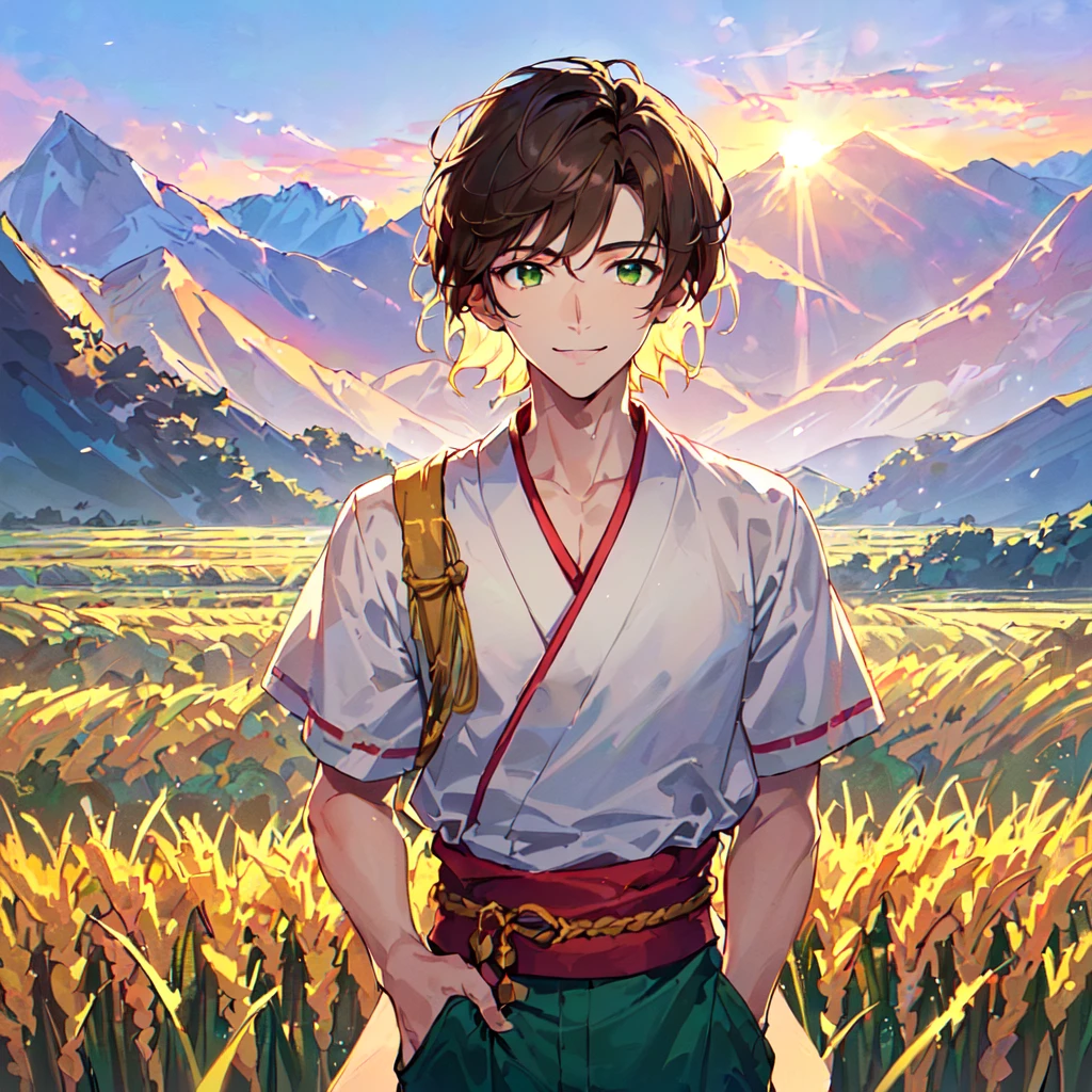 masterpiece, best quality, high quality, extremely detailed, (1 male handsome age 19, solo alone: 1.5), (short short hair: 1.5), (brown hair color), (yellowish green eyes: 1.3), 8 heads tall, slender nose, facial muscles, throat (Kimono with short sleeves and pants: 1.3), (standing), (dynamic pose), (smile: 1.3), (background rice field and mountains: 1.3), (morning sun: 1.3), (upper body:1.3)