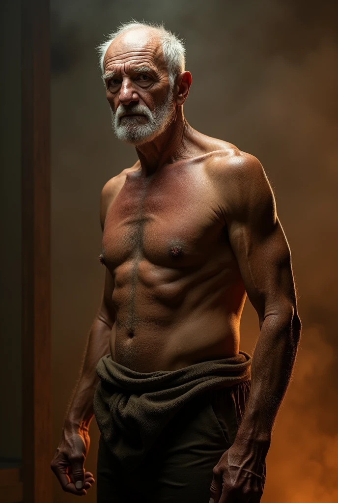 a beautiful nude old man, full body, T-Pose, detailed anatomy, masterpiece, photorealistic, ultra-detailed, 8k, high quality, cinematic lighting, warm color tone, dramatic shadows, realistic skin texture, muscular body, wrinkled skin, detailed face, intense expression, powerful pose