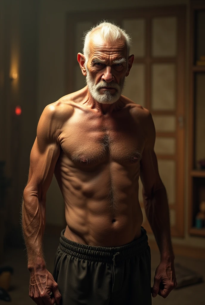 a beautiful nude old man, full body, T-Pose, detailed anatomy, masterpiece, photorealistic, ultra-detailed, 8k, high quality, cinematic lighting, warm color tone, dramatic shadows, realistic skin texture, muscular body, wrinkled skin, detailed face, intense expression, powerful pose