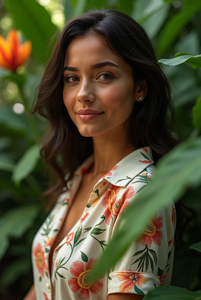 A Brazilian woman in a lush tropical garden, wearing an open shirt with a floral print, with a close-up capturing the harmonious beauty between her breasts and the natural flowers, showing off your natural charm and outgoing personality.