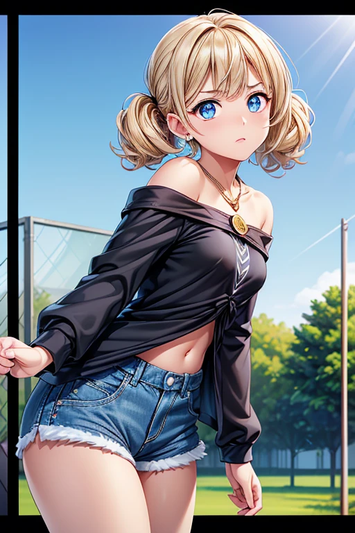 #Basics Girl posing for a photo, animeのcute少女, ((One Girl)), ((Baby Face:1.5)), ((cute:1.5)), (()),
break
#Clothing Accessories
(Red off-the-shoulder top) + (Denim shorts) + (Black Pantyhose) + (Blue sneakers),
((Blue gemstone earrings, Silver Necklace, gold fancy bracelet)),
break
#Features
((Blonde:1.2)), ((A beautiful frame is visible. + Slicked back hair bangs:1.4)), ((Twin tails) : Short Hair + Voluminous Hair + Curly Hair + Curly hair + Tied with a red ribbon),
((Big eyes:1.4)), ((blue eyes)),
(Small breasts),
(White skin),
break
#background environment
((noon, A sunlit park, blue sky)),
#Facial Expression Pose
((Serious face)), ((Put your hand forward towards the camera)),
#composition
((Side angle)), ((Cowboy Shot)),
break
#Body parts elements
(Slim figure),
(Symmetrical facial features),
(Detailed Hair, Beautiful Hair, Shiny Hair),
(double eyelid, Long eyelashes, Thin eyebrows:0.5),
(Detailed eyes), (Beautiful Eyes), (Sparkling eyes), Glitter Eyeliner,
(Human Ear),
(Beautiful Nose, Thin Nose),
(Glossy Lips, Beautiful Lips, Thick lips),
(Detailed skin, Textured skin, Beautiful Skin, Oily skin),
break
#quality
(((最高quality)), ((masterpiece:1.3)), ((Very detailed))), ((Ultra-high resolution)), ((16K)), ((1080P)), ((Full HD)),
((Anatomically correct)), ((Realistic)), (3DCG), ((oil)),
((comics, anime)), (CG illustration), (RAW Photos),