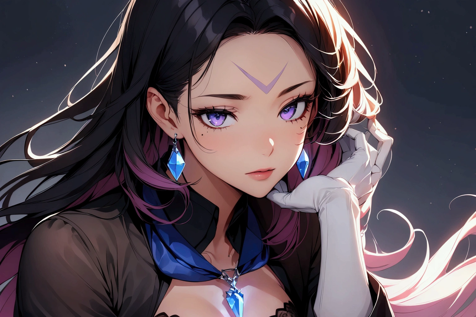 a woman of incomparable beauty, with medium-length violet hair, which has highlights in lighter tones and slightly wavy ends facing inwards. She has a small scar on her forehead, almost imperceptible, but which adds a touch of mystery to her appearance. His eyes are an intense violet, with a mixture of blue, slightly slanted and very expressive. The red cat eyeliner highlights his penetrating gaze even more and refers to his ability to hemokinesis. Her skin is pale, reflecting her icy power, with a subtle glow that makes her ethereal. Near the corner of one of her eyes, she has a small mole, a detail that accentuates her natural charm. Her lips are pink and well defined. She wears tight black leather clothing with subtle patterns of intertwined veins on the gloves and boots, symbolizing her control over blood. A belt on his belt indicates his affiliation with a secret organization. Around her neck, she wears a necklace with a crystal wolf insignia, which glows dimly when she activates her powers. His posture is impeccable, conveying confidence and power, as he combines beauty and lethality in his striking presence.
