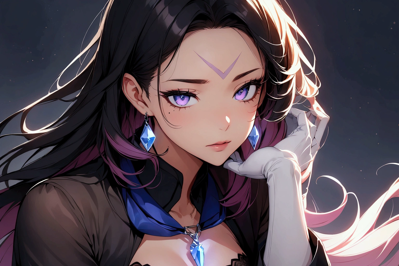a woman of incomparable beauty, with medium-length violet hair, which has highlights in lighter tones and slightly wavy ends facing inwards. She has a small scar on her forehead, almost imperceptible, but which adds a touch of mystery to her appearance. His eyes are an intense violet, with a mixture of blue, slightly slanted and very expressive. The red cat eyeliner highlights his penetrating gaze even more and refers to his ability to hemokinesis. Her skin is pale, reflecting her icy power, with a subtle glow that makes her ethereal. Near the corner of one of her eyes, she has a small mole, a detail that accentuates her natural charm. Her lips are pink and well defined. She wears tight black leather clothing with subtle patterns of intertwined veins on the gloves and boots, symbolizing her control over blood. A belt on his belt indicates his affiliation with a secret organization. Around her neck, she wears a necklace with a crystal wolf insignia, which glows dimly when she activates her powers. His posture is impeccable, conveying confidence and power, as he combines beauty and lethality in his striking presence.