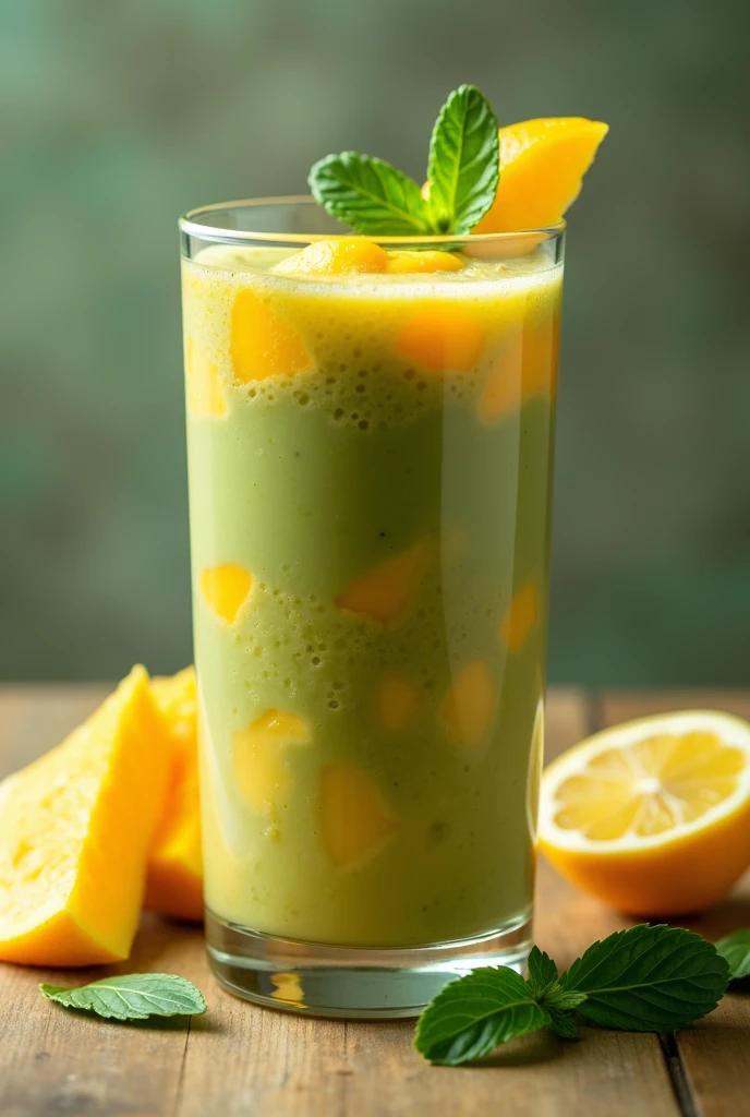 Create an image of this recipe: Mango and Spinach Smoothie Ingredients:
- Mango: 150 g - Fresh spinach: 50 g - Coconut milk: 200 ml - Lemon juice: 10 ml - Honey: 10 g (Optional)
Preparation:
1. Peel and cut the mango into pieces.
2. In a blender, combine the handle, spinach, coconut milk and lemon juice.
3. Blend until smooth.
4. Add honey to taste, if you wish, and mix again.
5. Serve in a glass and enjoy immediately..