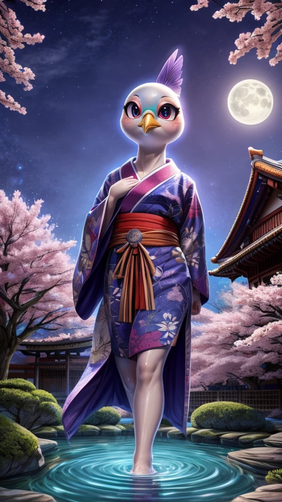 Create an image of a humanoid creature with the head of a pigeon and a human body, viewed from the front in a full-body shot. The creature has a cute, anime-style pigeon head with large, sparkling eyes that convey a sense of playfulness and wonder. The cheeks have a slight blush to enhance its cuteness, and the small, curved beak adds to the adorable look. The pigeon feathers display a soft gradient of blue and purple hues, with an iridescent glow to give a magical effect. The creature's body should be distinctly human, with natural human proportions and detailed anatomy, including well-defined arms and legs. The hands and feet should appear realistic, with subtle muscle definition and natural skin tones.
The creature is wearing a traditional Japanese kimono with an intricate floral pattern. The kimono should be in vibrant colors, like deep blue or violet, with a wide obi belt in a contrasting color and a decorative bow at the back. The sleeves should be long and flowing, adding elegance to the outfit. To enhance the mystical atmosphere, add elements like a faint, glowing aura around the creature, as if it's emitting a soft light. Small ethereal orbs or wisps of light should float gently around it, giving a sense of magic.
The background features a peaceful Japanese garden under a twilight sky, with a shimmering koi pond reflecting the moon and softly glowing lanterns hanging from the trees. Cherry blossoms fall gently, and a faint mist rolls across the ground, adding to the serene yet mystical environment. Use a bright color palette with soft pastels and touches of silver and gold to highlight the contrast between the cute anime-style pigeon head, the human-like body, the traditional kimono attire, and the enchanting, mystical setting