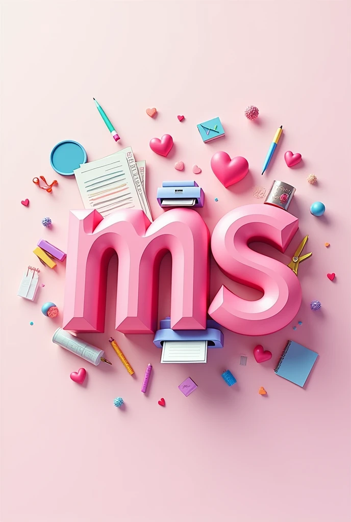 Create a logo with vibrant colors, Pastel colored background with the initials MS in pink 3D, with the name Atelier, with printer drawings, agendas, scissors and several pink hearts. Pixar animation style 