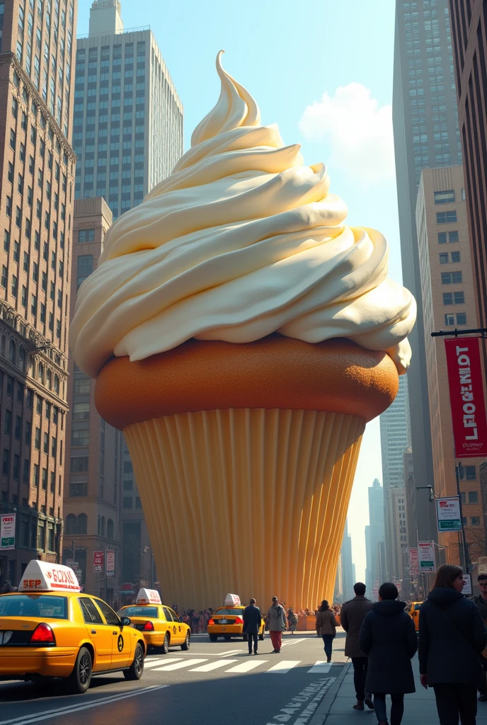 A huge cupcake in the middle of a busy New York street
