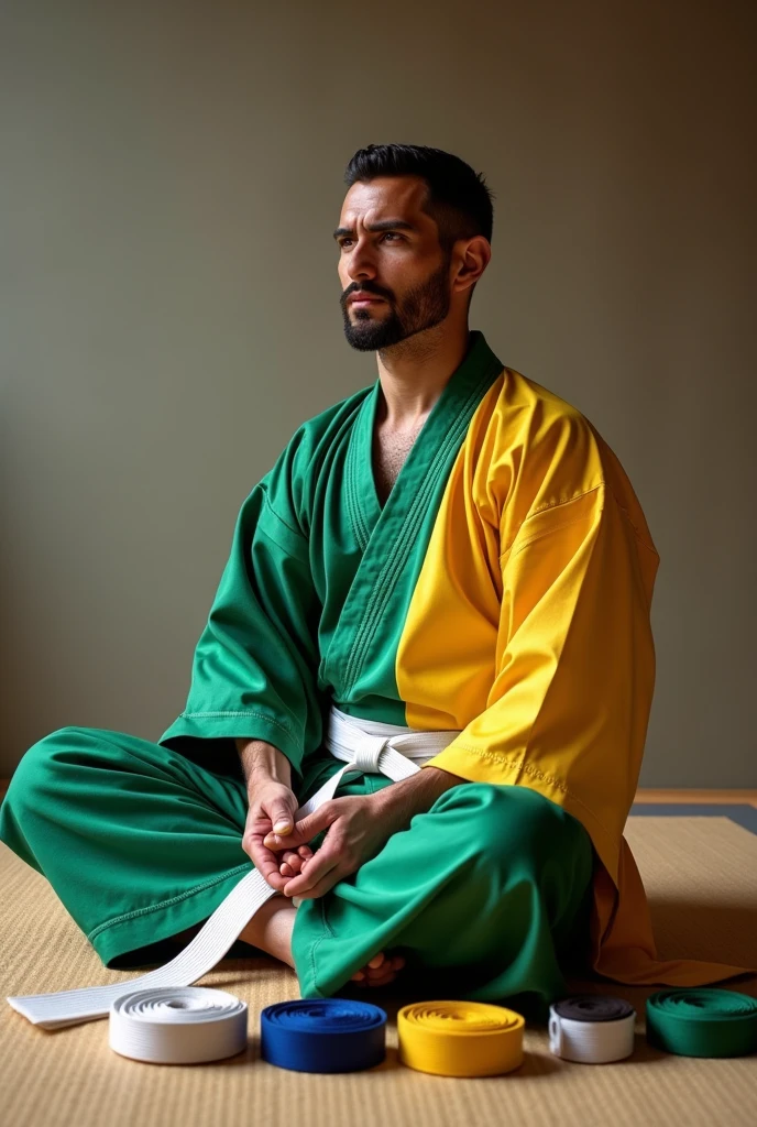 A man in a kimono the color of the Brazilian flag, on the mat holding a white belt in his hands,  gray belt ,yellow belt,  orange stripe, green belt, blue sash, Purple strip ,brown belt, black Belt