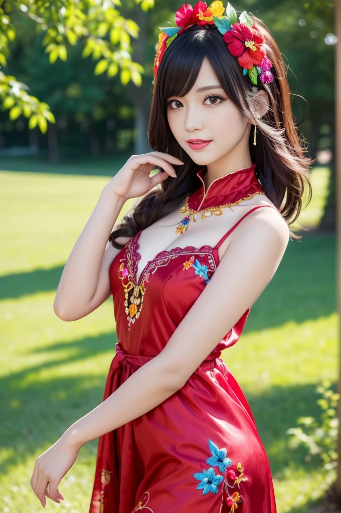 (masterpiece:1.4), (best quality:1.4), ultra high res, ultra high resolution, ((detailed facial features)), HDR, (realistic, photorealistic, photo-realistic:1.37), full body Esbian, sexy swedish model, (-anime), only 1 model, vivid colors, ((vivid colors multicolor very short hair)), sexy smile, lipgloss, long lashes, defined eyebrows, wearing large sparkling colorful jewelery, wearing a red silk Paradise Kiss cosplay dress with black floral embroidery, ((vivid colors outfit)), vivid colors, look at the camera, cinematic light, large park background with trees, sweet and sexy pose