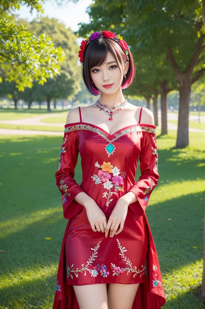 (masterpiece:1.4), (best quality:1.4), ultra high res, ultra high resolution, ((detailed facial features)), HDR, (realistic, photorealistic, photo-realistic:1.37), full body Esbian, sexy swedish model, (-anime), only 1 model, vivid colors, ((vivid colors multicolor very short hair)), sexy smile, lipgloss, long lashes, defined eyebrows, wearing large sparkling colorful jewelery, wearing a red silk Paradise Kiss cosplay dress with black floral embroidery, ((vivid colors outfit)), vivid colors, look at the camera, cinematic light, large park background with trees, sweet and sexy pose
