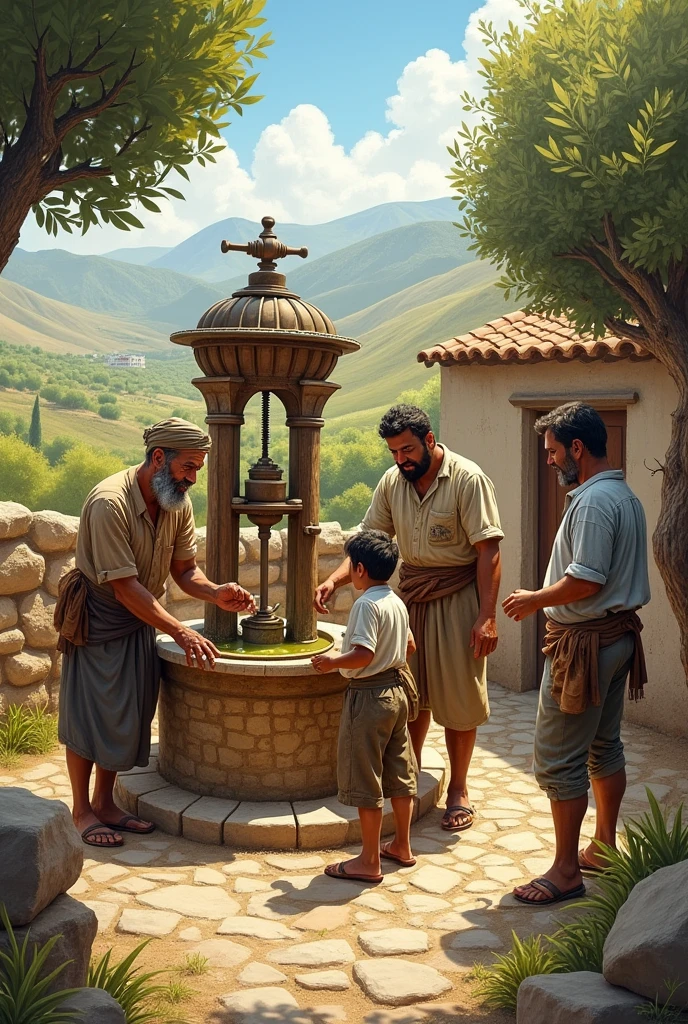 a drawing that has 4 people around an olive press