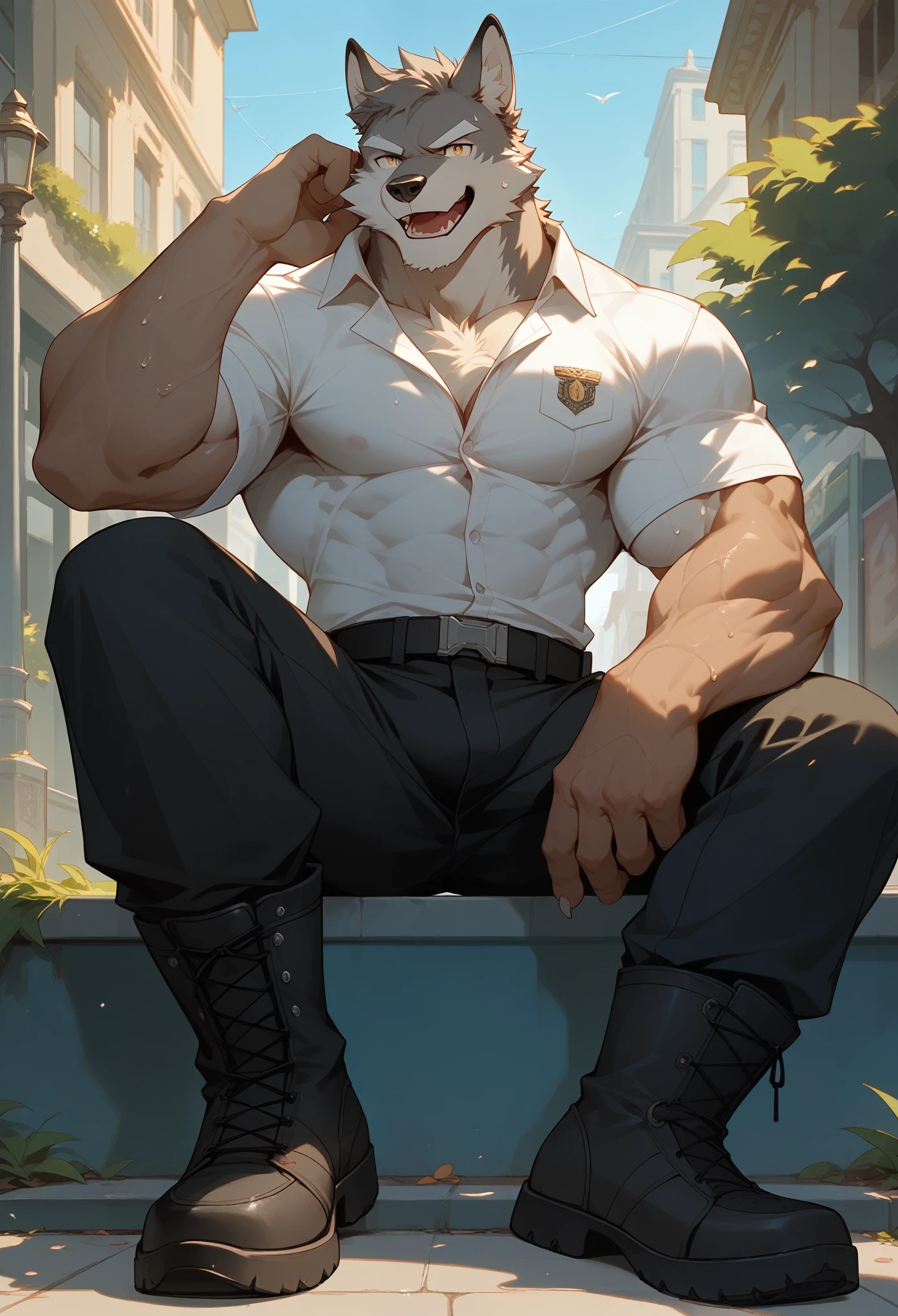 score_9, score_8_up, score_7_up, Expressiveh, masterpiece, extremely detailed, highres, detailed beautiful face and eyes, best quality, best aesthetics, absurdres, perfect anatomy, perfect proportions, high resolution, good color, bright skin, good shading, countershading, well detailed background, handsome, male focus, full body, open mouth, veins muscular, sweaty, sweat on skin, full body, chest fur, shaded, sexy, attractive, looking at viewer, Muscular, show his armpits, Gray wolf, white fur, sitting at sidewalk, close up, white shirt, black pants, combat boots, unbutton shirt,