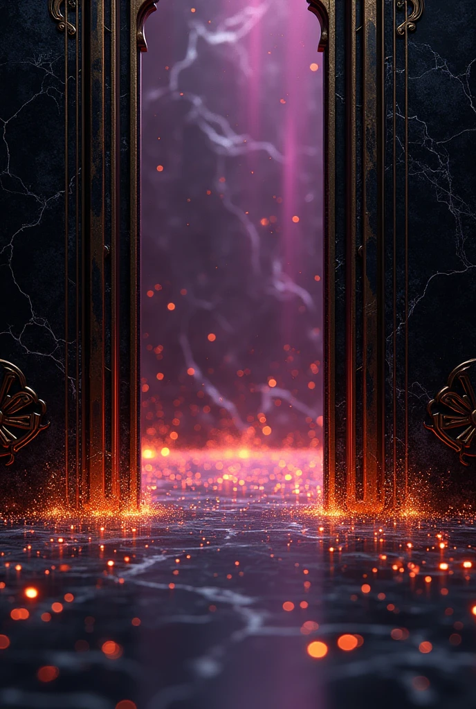 Black marble background with small details of gold engravings. Details of small sparks of fire melting from orange to purple. With an elegant entrance