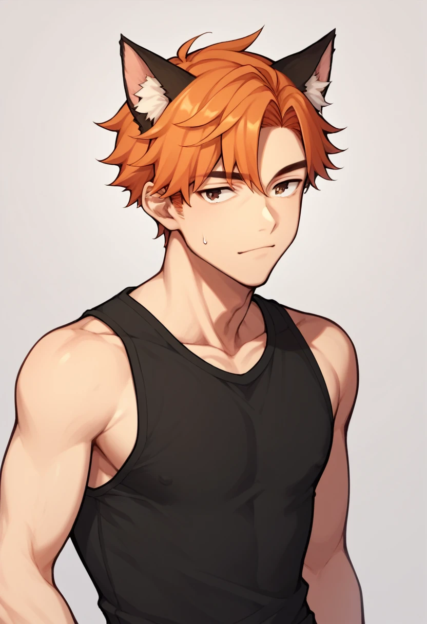 score_9, score_8_up, score_7_up, score_6_up, score_5_up,   kyo sohma, 1boy, solo, orange hair, brown eyes, black shirt, cat ears