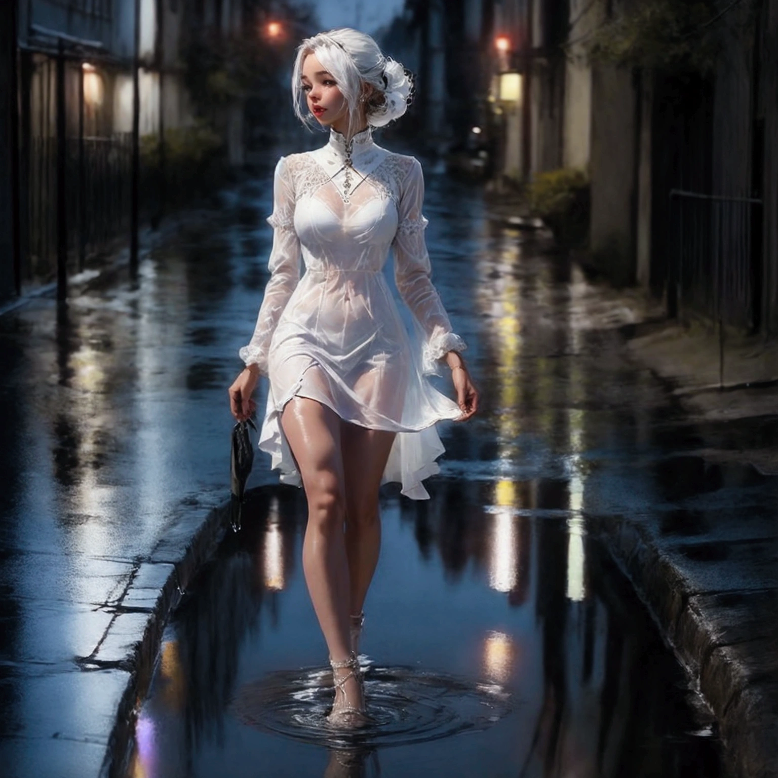 A woman in a white see through dress is walking through a puddle of water, perky breasts