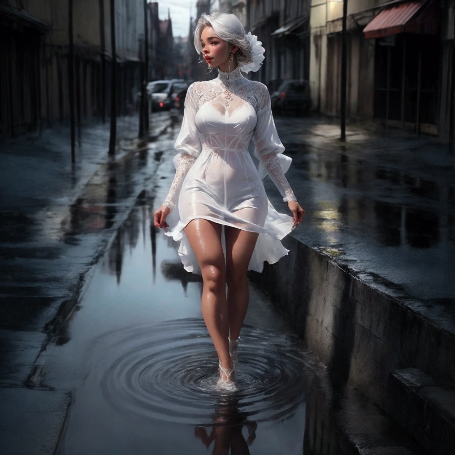 A woman in a white see through dress is walking through a puddle of water, perky breasts