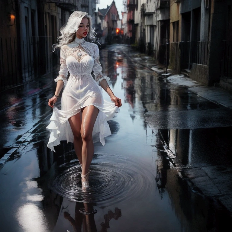 
A woman in a white see through dress is walking through a puddle of water, perky breasts

