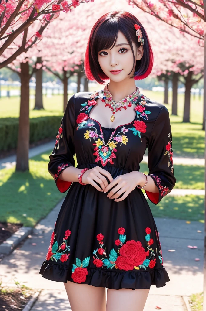 (masterpiece:1.4), (best quality:1.4), ultra high res, ultra high resolution, ((detailed facial features)), HDR, (realistic, photorealistic, photo-realistic:1.37), full body Esbian, sexy swedish model, (-anime), only 1 model, vivid colors, ((vivid colors multicolor very short hair)), sexy smile, lipgloss, long lashes, defined eyebrows, wearing large sparkling colorful jewelery, wearing a red silk Paradise Kiss cosplay dress with black floral embroidery, ((vivid colors outfit)), vivid colors, look at the camera, cinematic light, large park background with trees, sweet and sexy pose