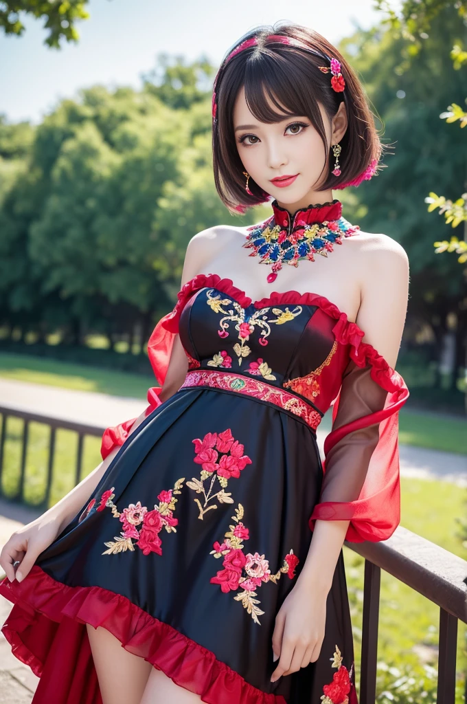 (masterpiece:1.4), (best quality:1.4), ultra high res, ultra high resolution, ((detailed facial features)), HDR, (realistic, photorealistic, photo-realistic:1.37), full body Esbian, sexy swedish model, (-anime), only 1 model, vivid colors, ((vivid colors multicolor very short hair)), sexy smile, lipgloss, long lashes, defined eyebrows, wearing large sparkling colorful jewelery, wearing a red silk Paradise Kiss cosplay dress with black floral embroidery, ((vivid colors outfit)), vivid colors, look at the camera, cinematic light, large park background with trees, sweet and sexy pose