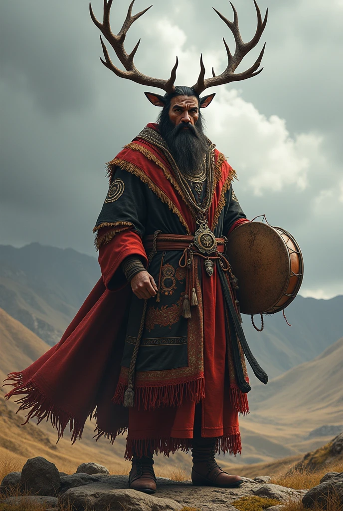 Queen mongolian. shaman deer antlers mongolian deel clothing . shaman drum.