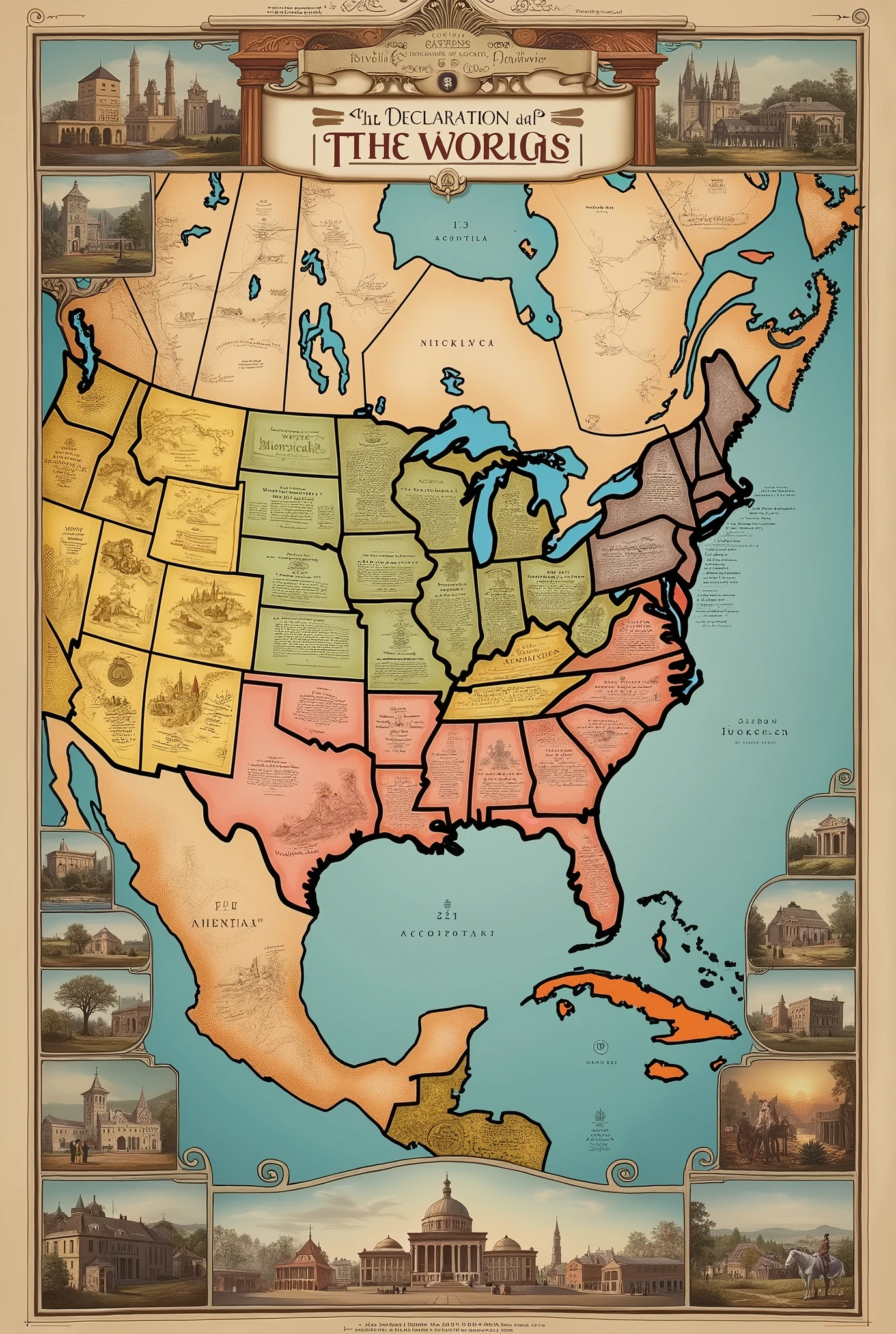 Images of the 13 colonies: Show an 18th century map of North America, highlighting the 13 colonies with colored borders or labels.
Historical images: Add old illustrations or paintings from the colonies, like images of cities of the time, the style of the buildings, and people wearing period clothing.
Text on screen: "The Declaration that Changed the World" in a classic, stylized font, which refers to the colonial period.