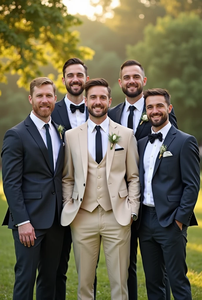 four male friends in suits and shirts supporting the fifth male friend at his wedding in his ecru beige suit,