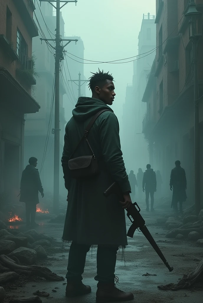 Make a Walking Dead style zombie book cover with a dark-skinned protagonist, The title :"The Mist Walkers"