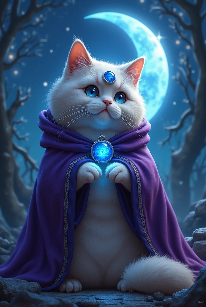 Blue British short-hair cat , gray cat , fat cat , chubby cat, female cat, blue eyes, fluffy fat British short-hair cat , tabaxi, female humanoid cat, dungeon and dragons, purple magician hoodie cloak, fantasy, moon ,night,stars, magician female cat, half moon gem on forehead, blue moon crystal on cat forehead 