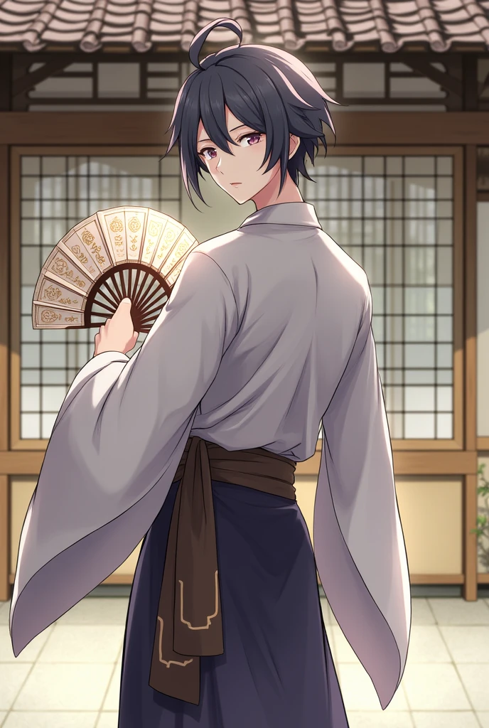 Albedo from genshin impact in male japanese traditional costume, holding fan, with japanese traditional house as background while looking at camera from back view