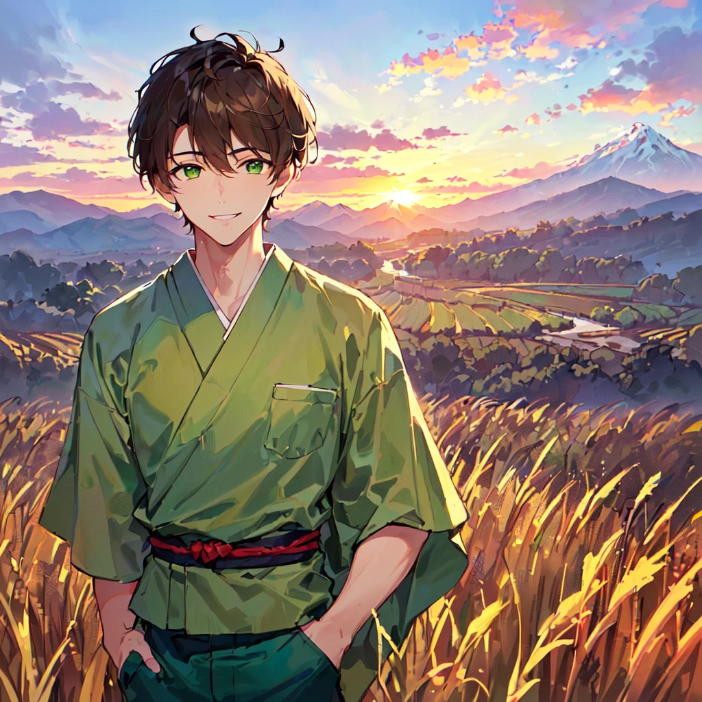 masterpiece, best quality, high quality, extremely detailed, (1 male handsome age 19, solo alone: 1.5), (short short hair: 1.5), (brown hair color), (yellowish green eyes: 1.3), 8 heads tall, slender nose, facial muscles, throat (Kimono with short sleeves and pants: 1.3), (standing), (dynamic pose), (smile: 1.3), (background rice field and mountains: 1.3), (sunset: 1.3), (upper body:1.3)