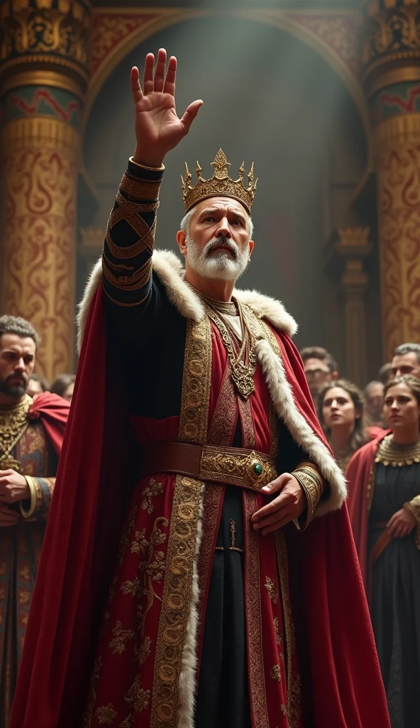 The king raises his hand, signaling his decision. The scene captures the moment of suspense as the king announces that the land will be divided equally, leaving everyone in the court surprised and curious.
