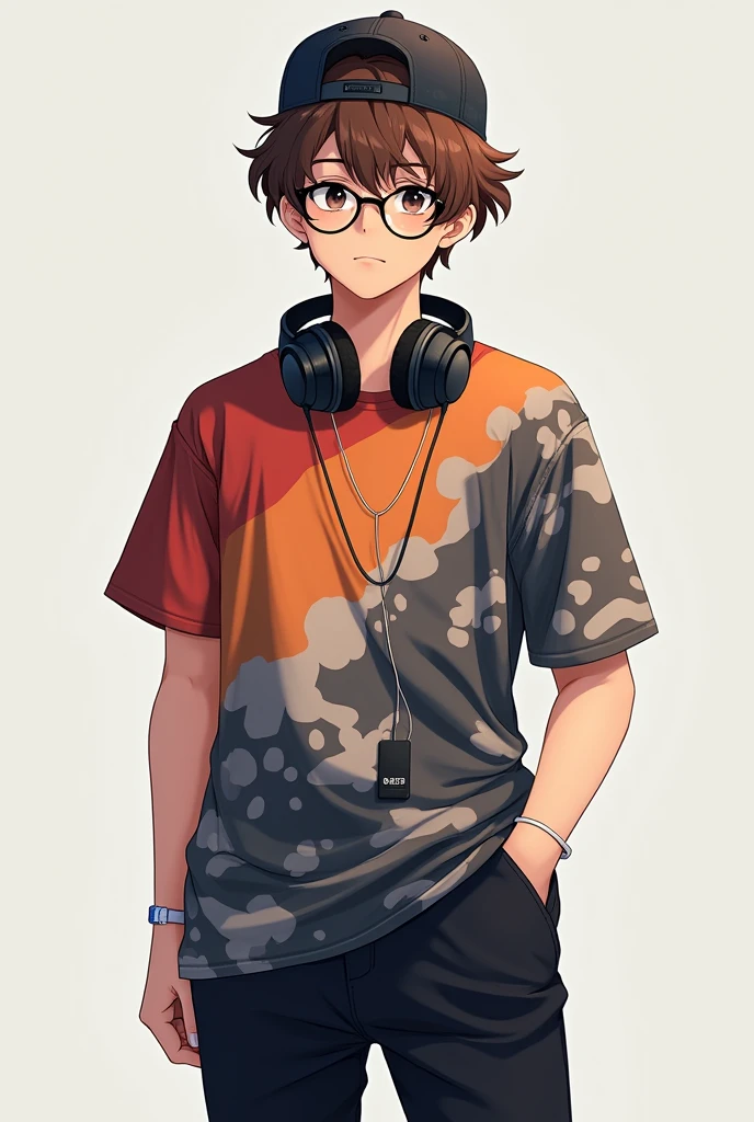 Brown-haired male character has headphones, glasses, and a cap. He has a multi-colored t-shirt and black pants..
