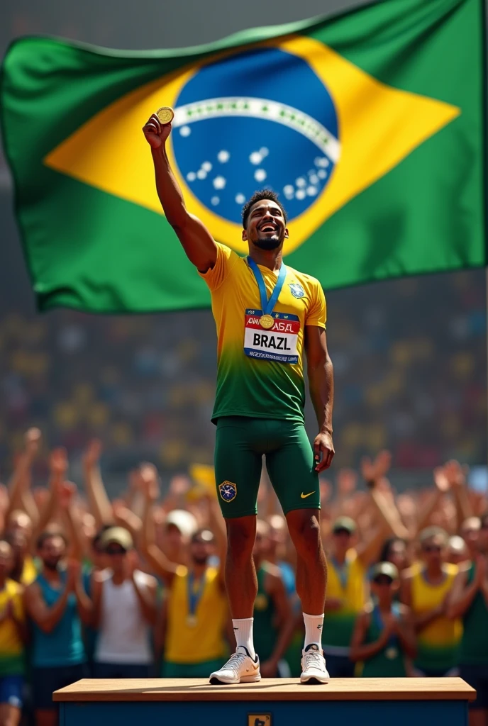 Visualize a Brazilian athlete on the Olympic podium, the high point of the celebration, with the national flag in the background and a cheering crowd. The athlete is standing with a big smile, proudly holding the gold medal. on wrist, a modern smartwatch is visible, displaying a vibrant display that shows heart rate monitoring in detail.
On the smartwatch screen, dynamic charts and numbers are clearly visible, demonstrating the athlete's heart rate. This data may include the current frequency, heart rate variability graphs and even training zones, highlighting the importance of continuous monitoring during the event and the accuracy of the data collected. The combination of the emotion of the podium and advanced technology on the athlete's wrist underscores not only the sporting achievement, but also the vital role of technology in elite preparation and performance.