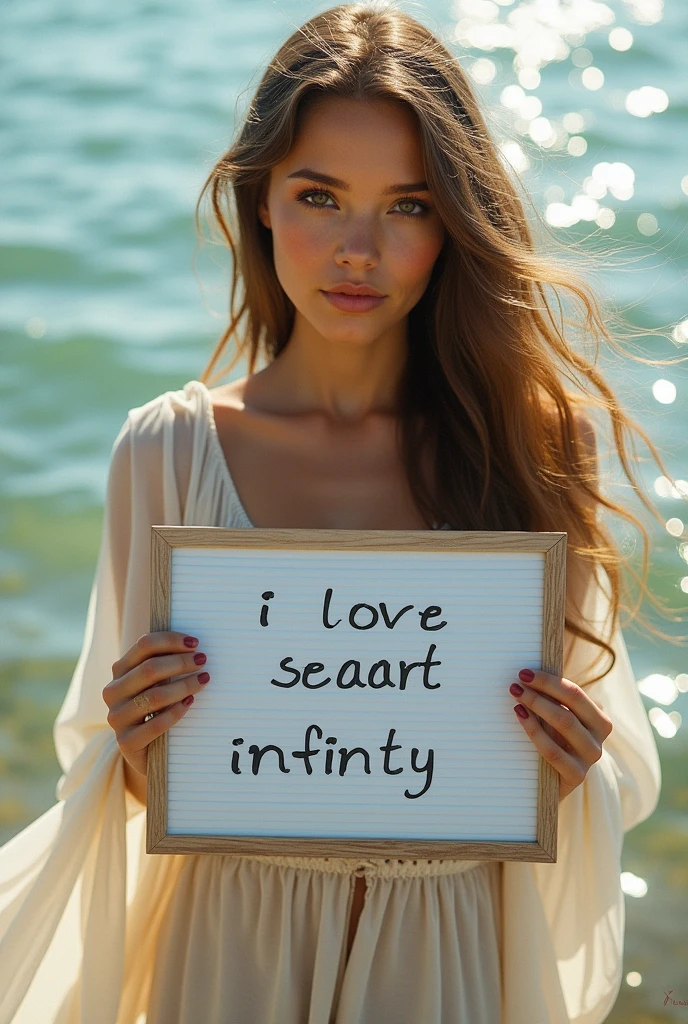 Beautiful girl with wavy long hair, bohemian dress, holding a white board with text "I Love Seaart Infinity" and showing it to the viewer