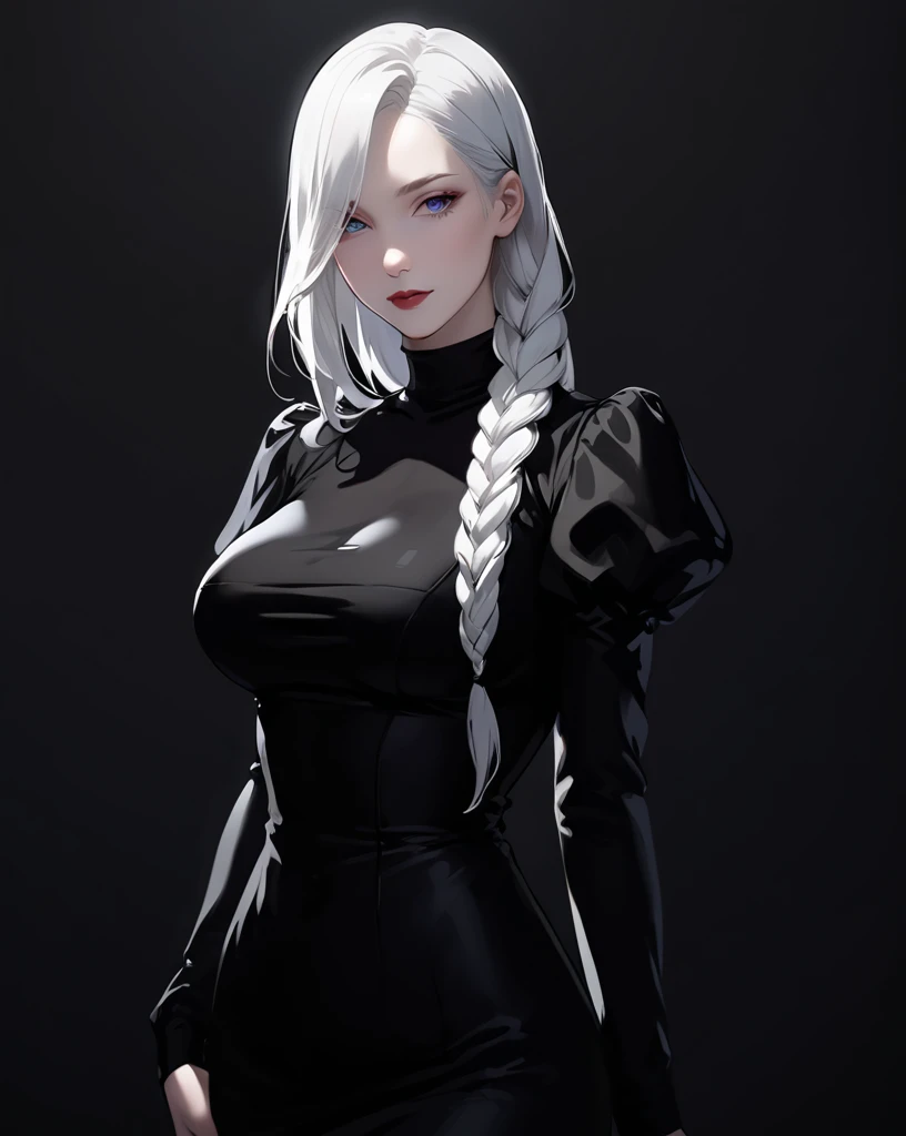 mei mei, long hair, very long white hair, braid, hair over one eye, braided ponytail, ((front braided bangs covering one eye)), purple eyes, pinup style, sexy, submissive, minimalist, lonely, monochromatic black and white color palette, soft lighting, ((submissive)), big breasts, thin, ((solid black background)), ((looking at viewer)), slim, long sleeves, dress, puffy sleeves, black dress, juliet sleeves, turtleneck dress, full body shot,