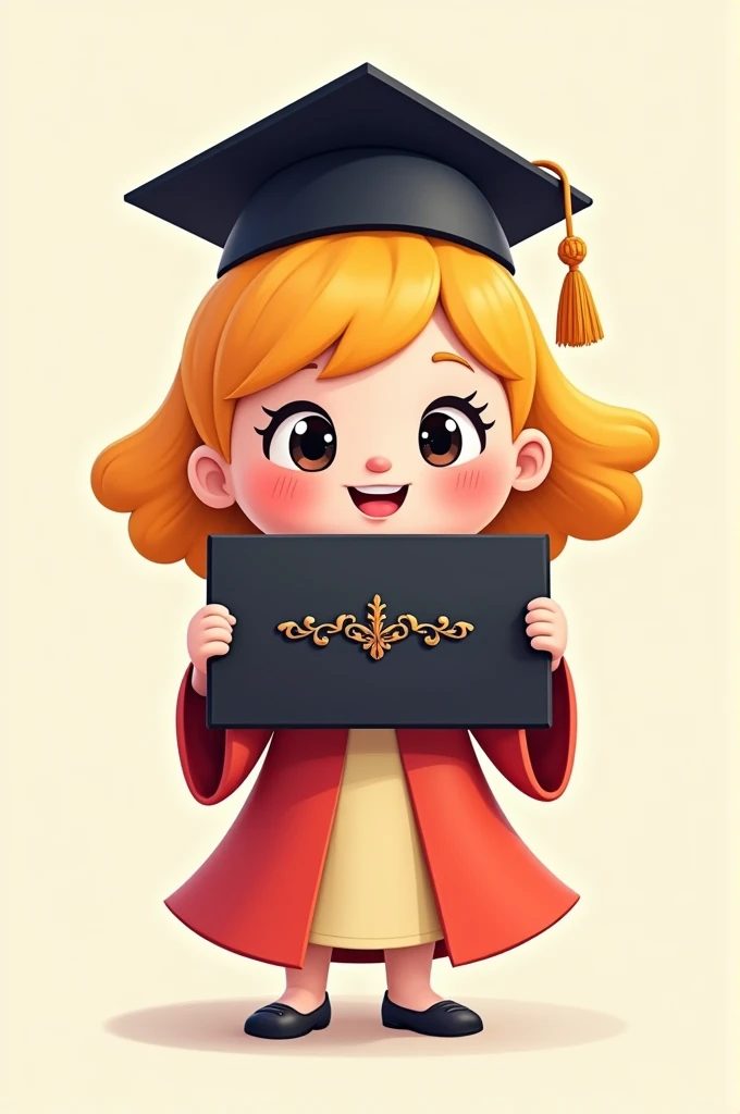 Doll in graduation outfit holding a black diploma cartoon style
