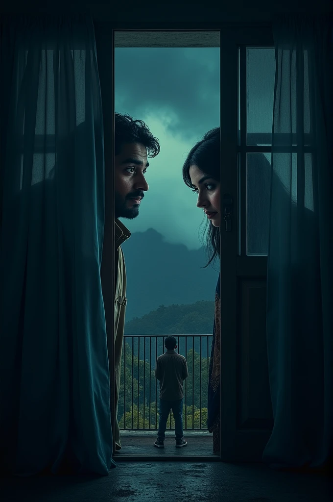 create cinematic, photo realistic film poster of a man and his wife peeping through curtain of a first floor window to someone outside at the gate, down below, Darjeeling at night, outskirts , no other house in the vicinity