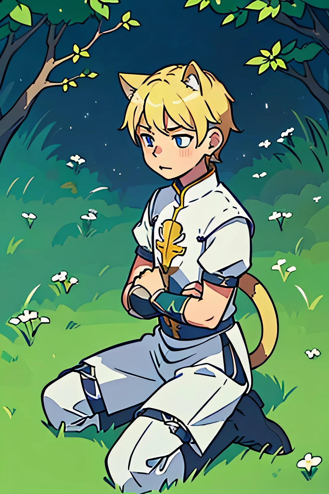 side view illustration of a boy, blonde hair with cat ears, wearing a knights armor, kneeling down on the grass, side view, touching his chest, view from the side