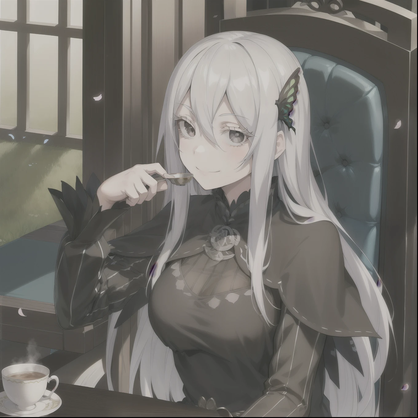 masterpiece,best quality,anime,2d,detailed eyes,
1girl, long hair, solo, butterfly hair ornament, sitting, cup, smile, hair between eyes,capelet, long sleeves, petals, black dress, hair between eyes,  butterfly, teacup, looking at viewer, black capelet, vertical stripes, very long hair, holding, striped dress, breasts,closed mouth, chair, table, holding headgirl , vertical-striped dress, white hair, (colored eyelashes:1.2), flower, black eyes, medium breasts, long dress,(white eyelashes:1.1),