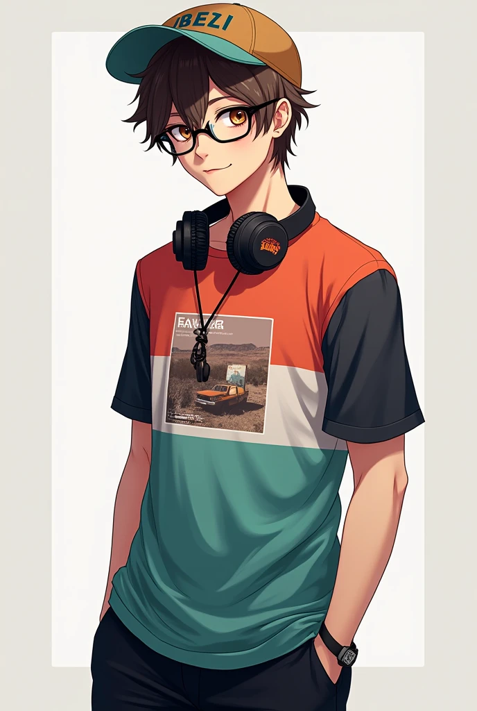 Brown-haired male character has headphones, glasses, and a cap. He has a multi-colored t-shirt and black pants..