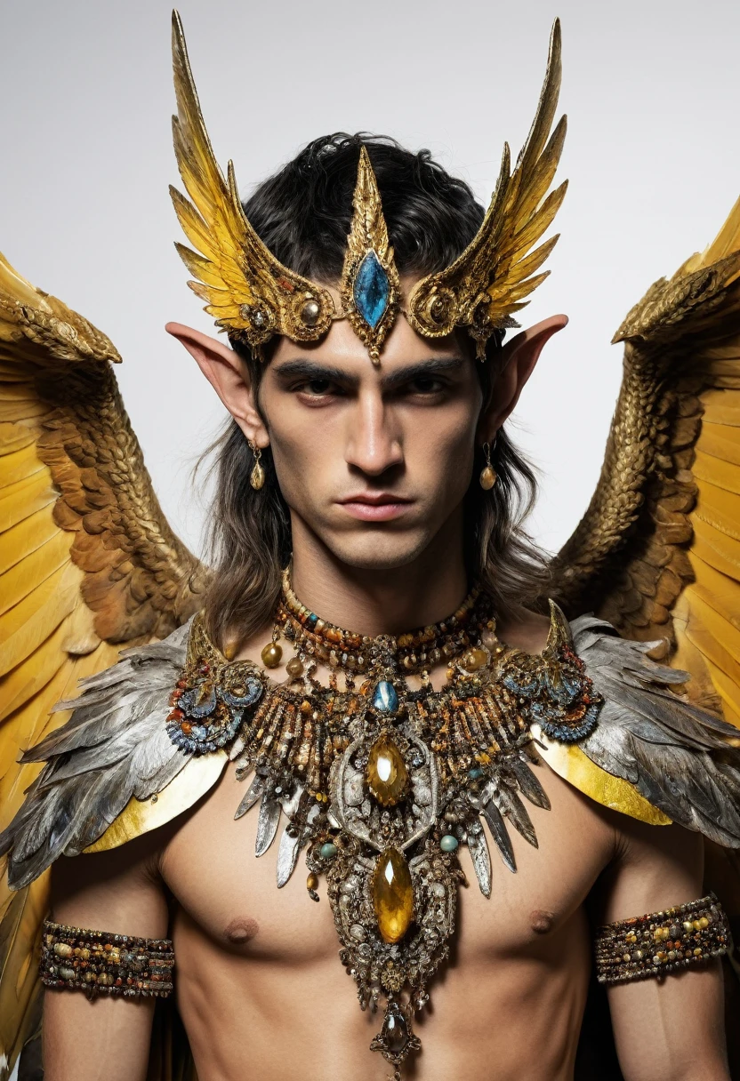 {Colossal Masterpiece, best quality, watercolor drawing, by Gustave Moreau, by El Greco, surreal}, (((((dramatic portrait of a male elf Garuda, bobbed hair, elf ears, golden yellow skin color, tan, cruel arrogant expression))))). ((((he is displaying his iridescent multicolored wings, he is wearing a blood stained armor made of holographic material, wearing bead pendants)))).