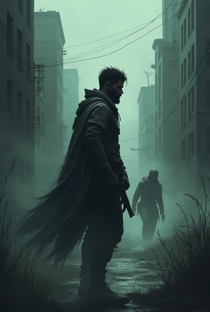 Make a Walking Dead style zombie book cover with a dark-skinned protagonist, The title :"The Mist Walkers"