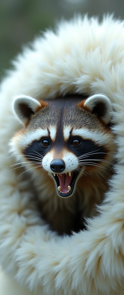 A stunning conceptual photograph of a realistic raccoon, with extra fluffy fur, growling as it emerges from a teddy polar bear. The teddy polar bear has a hole in its back, revealing the inner cavity where the adorable raccoon resides. The raccoon's eyes are wide, and it shows its tiny sharp teeth. The polar bear's features are soft and cuddly, contrasting with the raccoon's fierce expression. The photograph captures a dynamic moment of wildlife interaction, creating a unique and captivating image., wildlife photography, conceptual art, 3d render, photo