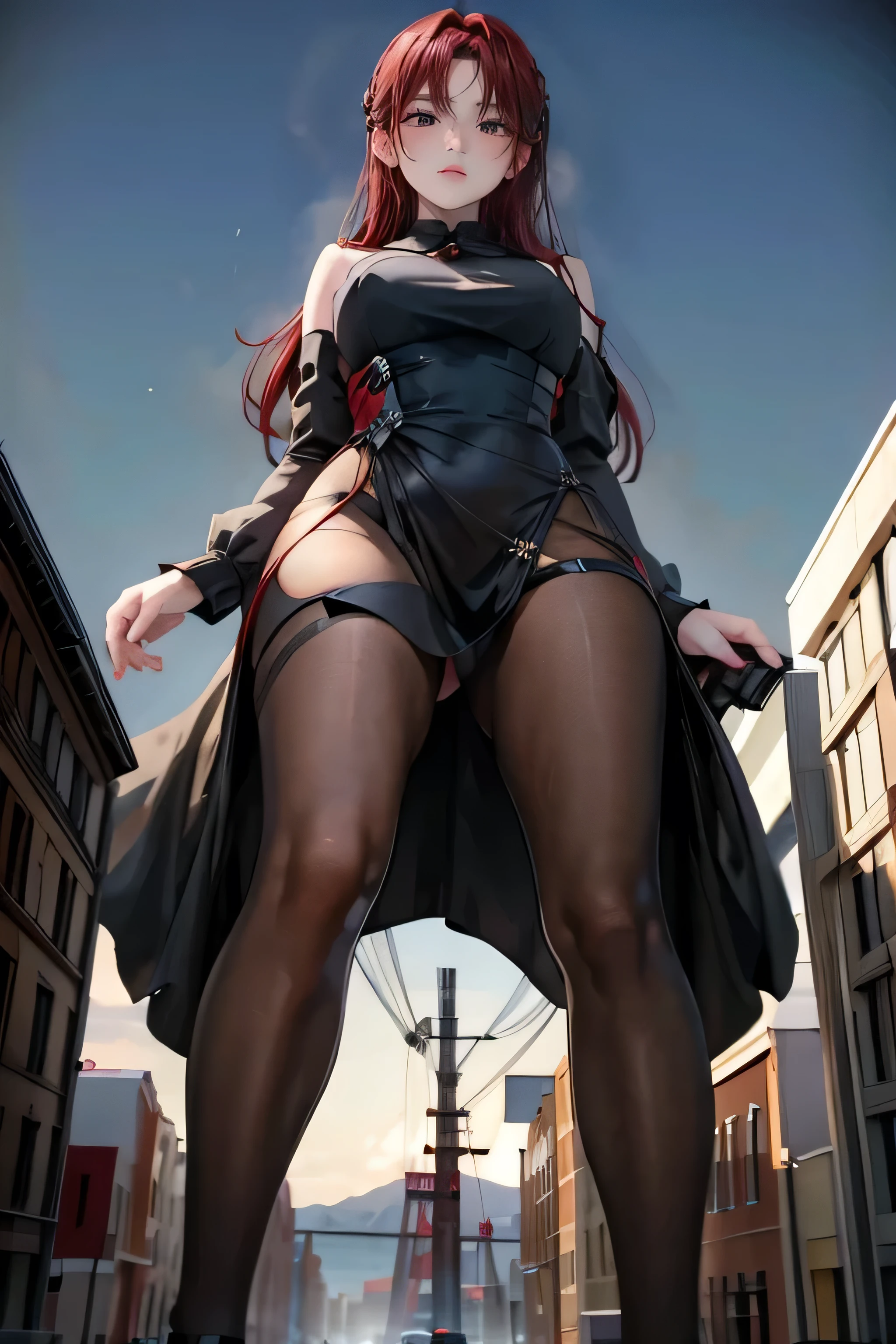 NFSW,{{high qualiy}}, {{masterpiece}}, {{{giantess art}}}, red hair woman, black gown, Red High Heels, with pantyhose, in town, very tall, mãos atrás das costas